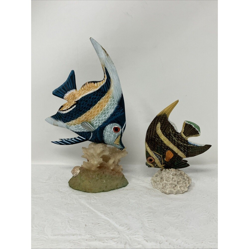 2 Tropical Angel Fish Figurine Wood on Coral Base Tropical Nautical Beach Sea